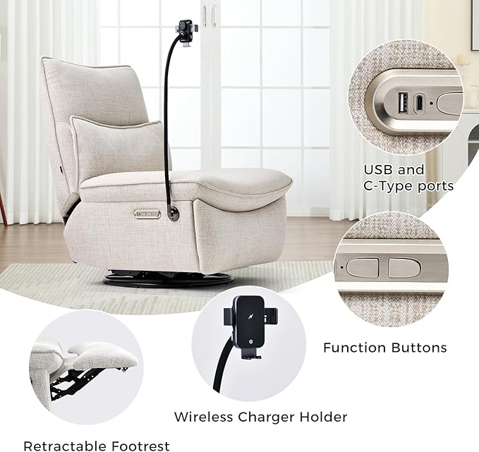 Nouhaus Swivel Nursery Recliner Glider, Oversized Electric Rocker Recliner Chair with USB & Type-C Port, Wireless Charger Phone Holder, Reclining Rocking Chair for Nursery (Snooze Modern, Elder White)