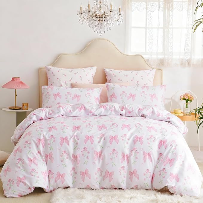 Duvet Cover Twin 2Pcs Pink Floral Bow Bedding Set for Girls Kids, Romantic Princess Style Bowknot Bedding, Ultra Soft Reversible Garden Flower Duvet Cover Set(1 Pillowcase,No Comforter)