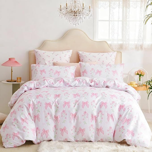 Duvet Cover Full 3Pcs Pink Floral Bow Bedding Set for Girls Kids, Romantic Princess Style Bowknot Bedding, Ultra Soft Reversible Garden Flower Duvet Cover Set(2 Pillowcases,No Comforter)