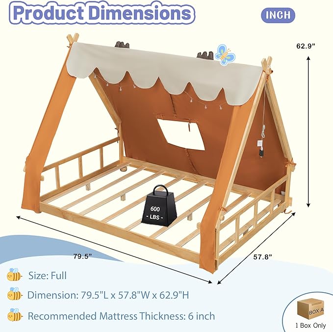 Full Size Floor Bed with Tent and Light, Wooden Montessori Bed Frame with Roof Design, Low Profile Beds for Kids, Boys and Girls, Brown