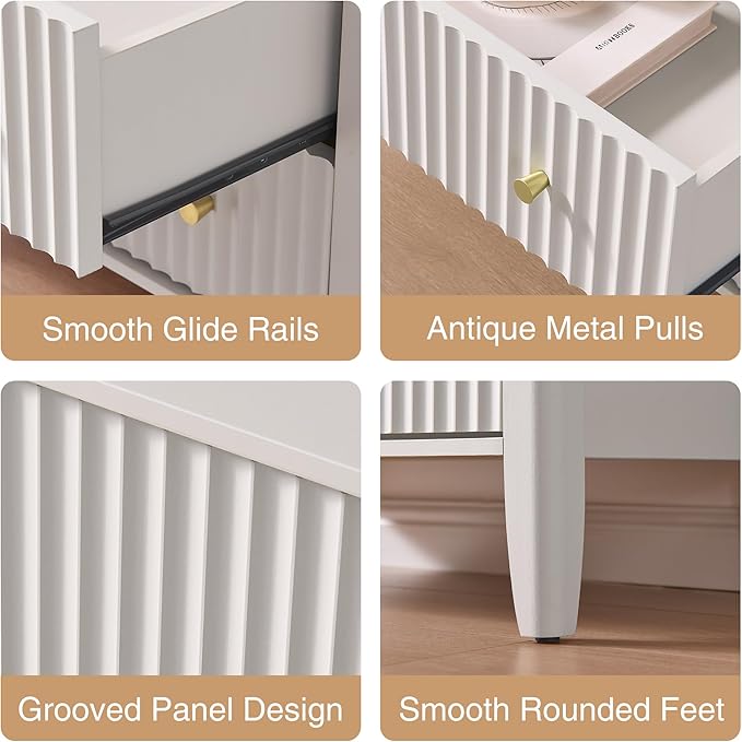 Fluted Nightstand with Charging Station Set of 2, 27.3" Wide Modern Bedside Table with 2 Drawers & Open Shelf, Large Wood End Table with Storage & Metal Handle for Bedroom, Cream White