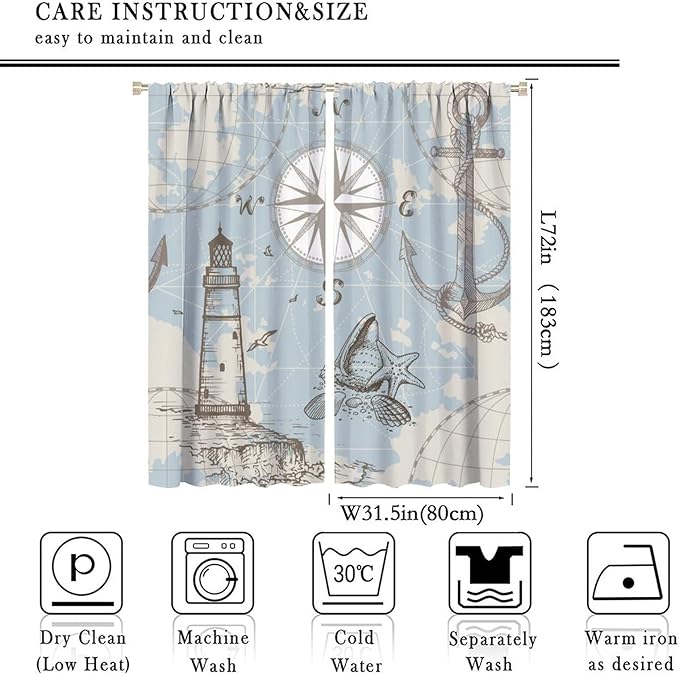 Nautical Theme Window Curtains,Pirate Sailboat Curtains for Bedroom,Conch Starfish Print Draperies for Living Room,Ocean Window Treatment Curtains Set 2 Panels,63x72 Inches