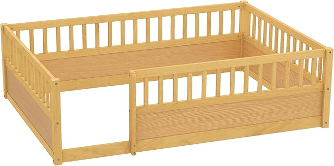 Harper & Bright Designs Full Floor Bed Frame, Wood Kids Floor Bed with High Guardrails, Montessori Floor Bed Full with Opening Door for Boys, Girls, Kids, Solid Wood Structure, Natural