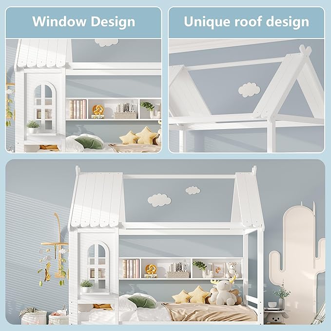 Full House Bed with Drawers and Window, Solid Wood House Platform Bed with Shelves, Full Bed Frame with House-shaped Roof for Kids, Boys, Girls, No Box Spring Needed and Childlike Design, White