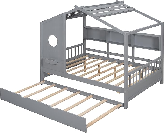 Merax Wood Full House Daybed with Trundle & Storage Shelves,Day Bed for Kids Boys Girls No Box Spring Needed Gray