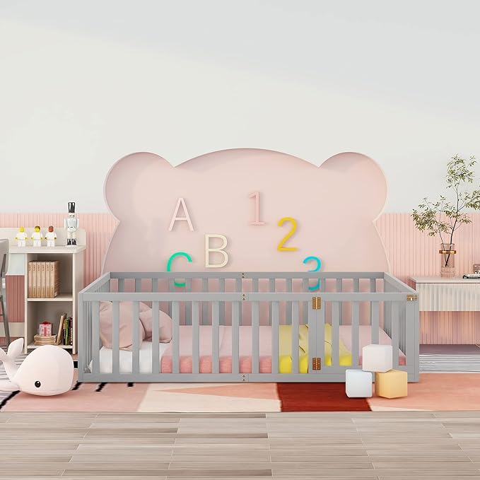 Merax Queen Floor Bed with Safety Guardrails and Door, Wood Montessori Floor Bed Frame for Kids, Queen Playhouse Bed Frame for Baby Girls and Boys, Grey