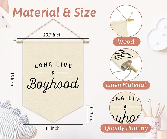 Boys Room Decor, Long Live Boyhood Linen Canvas Banner, Minimalist Boy Nursery Wall Hanging Pennant Flag Banner for Boys Kids Toddler Room Bedroom Playroom Decor, 15x11in