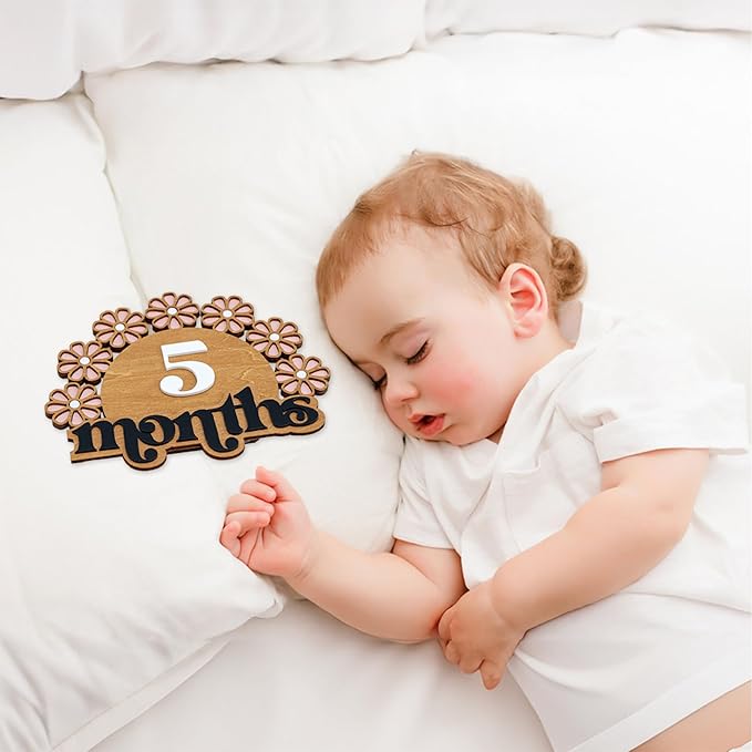 Wooden Baby Monthly Milestone Set, Floral Newborn Age Tracker with Numbers and Months Weeks Signs, Layered Wood Photo Prop for Baby Monthly Picture