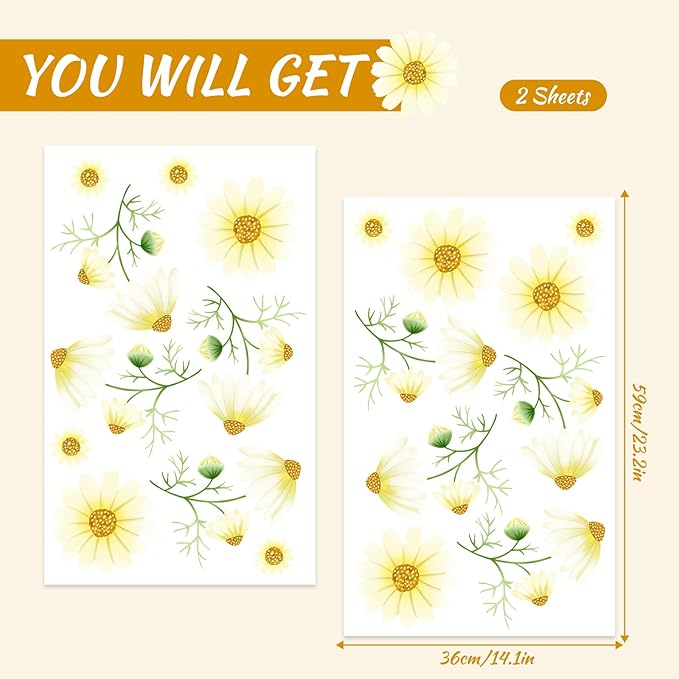 Daisy Flowers Wall Decals Peel and Stick, Vinyl Watercolor Yellow Daisy Floral Wall Stickers Removable, Retro Wall Decor for Nursery Baby Toddler Room Kids Girls Bedroom Playroom