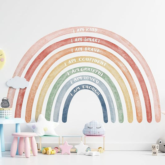 Tinideya 76.77x47.24'' Watercolor Large Rainbow Wall Decal Classroom Wall Decor with Inspirational Quote Peel and Stick Stickers Waterproof Wallpaper for Girls Kids Bedroom Nursery Playroom(Cute)