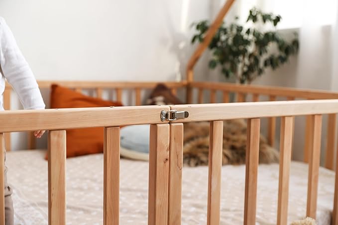 BUSY WOOD Montessori Bed with Railings - Floor Twin Bedframe for Toddlers 1-3 - Full Size Montessori Floor Bed, Queen, King, Small - 7 Colors (Model 17)