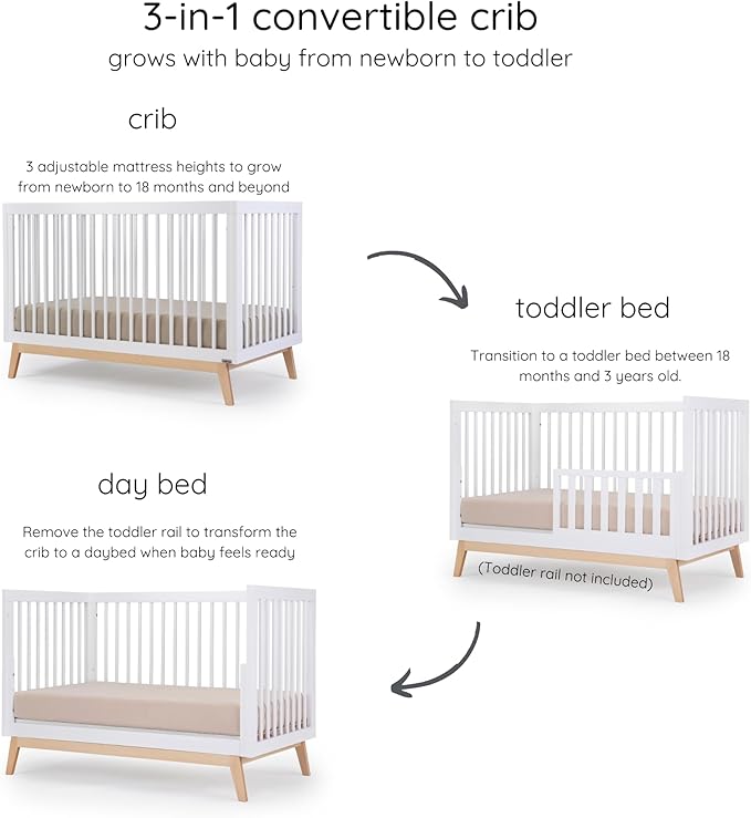 dadada Baby Soho 3 in 1 Convertible Wooden Crib to Toddler Bed - Made in Italy, GREENGUARD Gold Certified, Baby-Safe Finish, Sustainable Beech Wood, Modern Design, 3 Adjustable Heights (White/Natural)