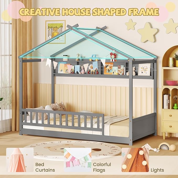Giantex Twin Floor Bed with Storage Shelf, Wooden Bed Frames with Headboard & Guardrail, Montessori Floor Bed with Wooden Slat Support for Kids, Grey