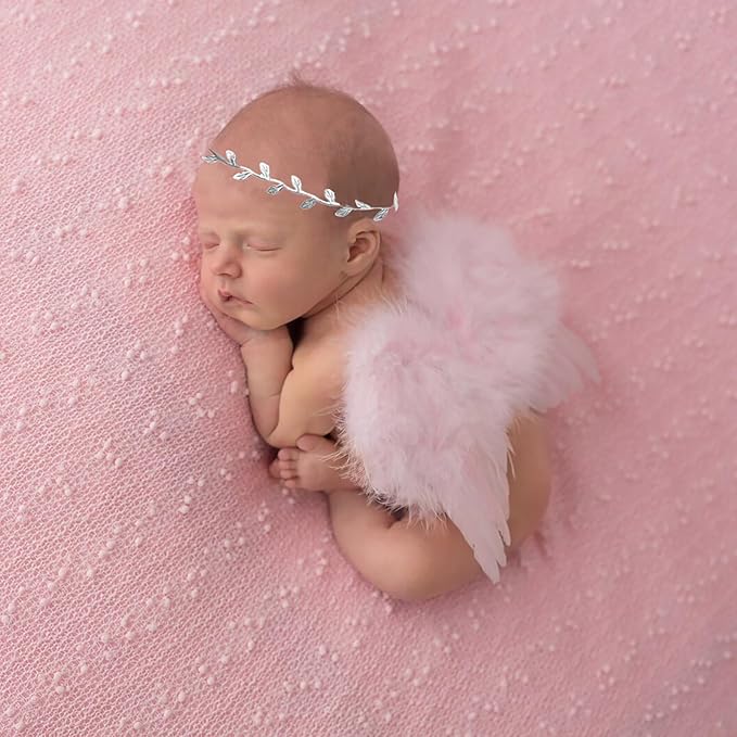 2PCS Pink Angel Wings With Leaf Headband For Newborn Infant Photo Props Soft Feather Wings For Kids Photo Outfits Baby Girls Costume(Color G, One Size)