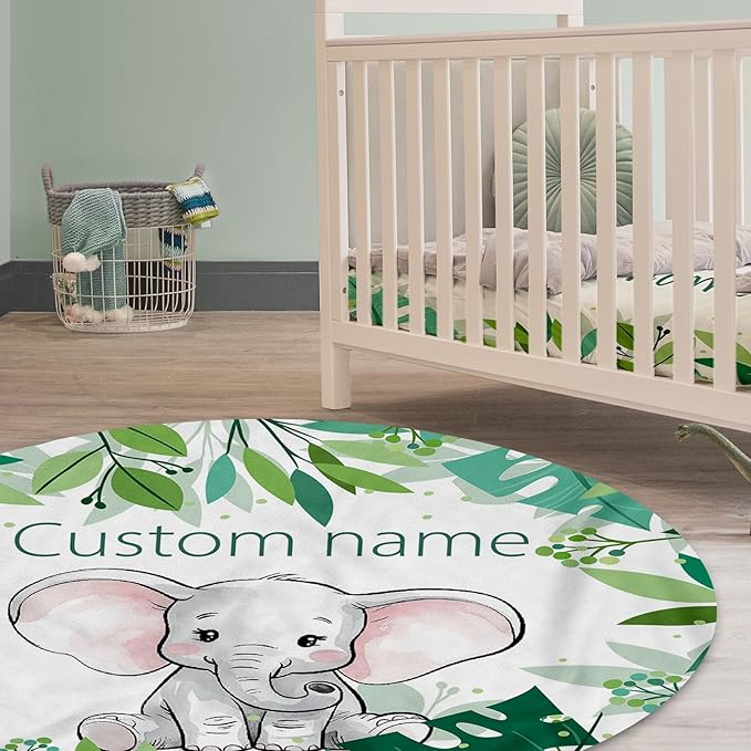 Custom Baby Crib Bedding Set,Personalized Name Green Elephant Theme Nursery Bed Set 4 Piece,Baby Blanket Fitted Sheet Nursery Rug Wall Art Set,Custom Room Decor Idea Gift for Newborns Boys Girls