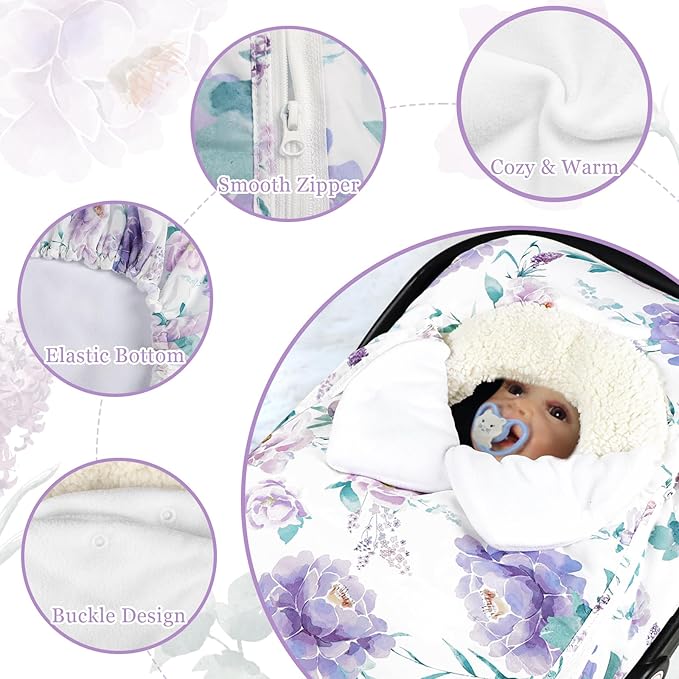 Winter Car Seat Cover for Babies Girl Boy, Super Warm Plush Fleece Infant Carseat Cover for Stroller Car Seat, Double Sides Zipper Winter Car Seat Canopy for Newborn, Purple Floral