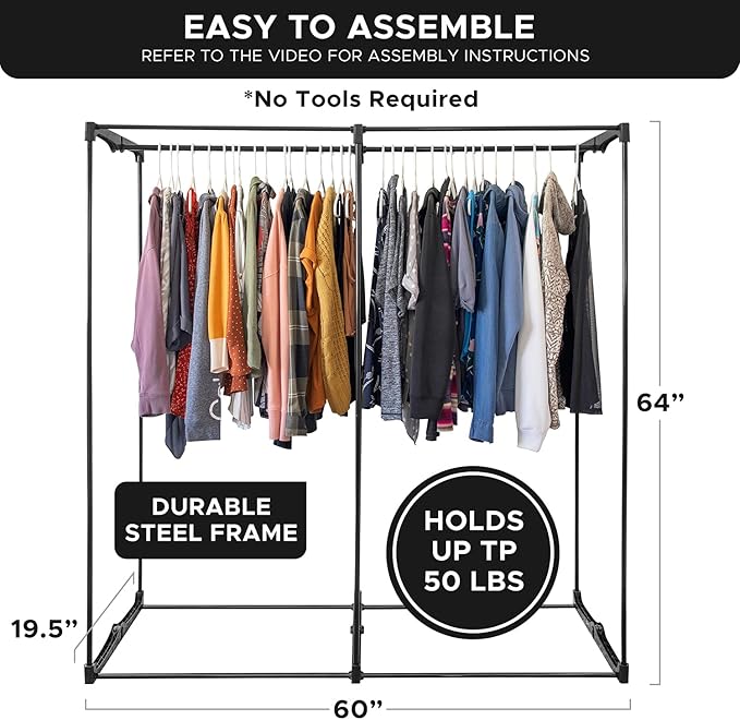 HOLDN’ STORAGE Portable Wardrobe Closet - 65 lb Large Capacity, Internal Heavy Duty Metal Rod, Zipper & Clear Window, Durable Clothes Organizer, Tool-Free Easy Assembly, Black Canvas Cover