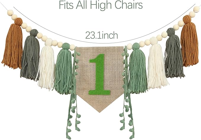 Wild One High Chair Banner Boy First Birthday Decorations,Jungle Green 1st Highchair Banner,Woodland One Year Old Party Decor Babys Themes Wood Bead Tassel Garland