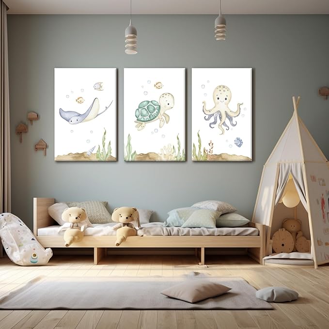 Wodkwq Ocean Nursery Decor, Set of 3, 16x24in Framed Canvas Prints, Under The Sea, Boys Room Sea Animal Wall Art