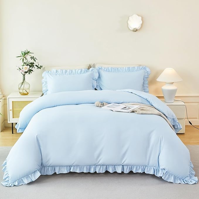 Light Blue Bedding Cover Set for Girls Full Size Vintage Farmhouse Ruffle Duvet Cover 3 Pieces Solid Color Bed Cover Sets for Kids Bedroom Decor(Light Blue, Full)