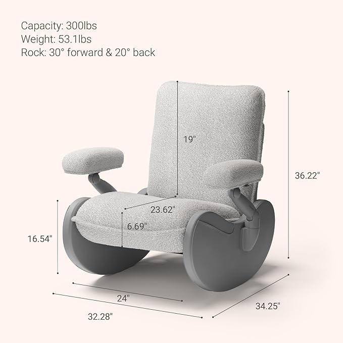 MAMAZING Nursery Rocking Chair Glider with Adjustable Armrests for Breastfeeding, Upholstered Nursing Chair with Removable Cover for Mom and Baby(Grey/Grey)