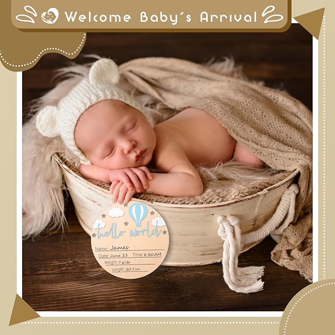 Baby Birth Announcement Sign with Marker Pen, Hot Air Balloon and White Cloud Baby Name Sign with Ink Pad, Hello World Newborn Announcement Nursery Decor Keepsake Gifts (Blue)
