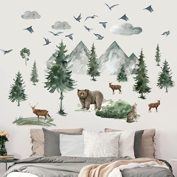 Woodland Nursery Wall Stickers Watercolor Mountain Tree Wall Decal Jungle Trees Animals Home Decals Sticker DIY Cartoon Deer Bear Wolf Forest Animal Home Sticker for Kids Room Bedroom Nursery Decor