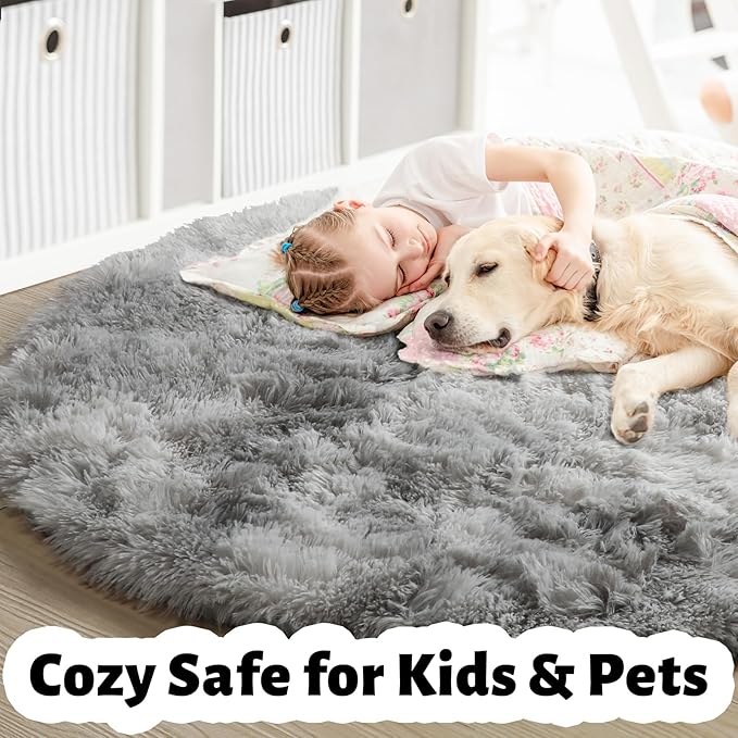 Amdrebio Tie-Dyed Light Grey Round Area Rugs for Living Room, 7x7 Large Soft Circle Rugs for Bedroom, Fluffy Shag Carpet for Kids Room, Big Modern Floor Circular Shaggy Farmhouse Rug