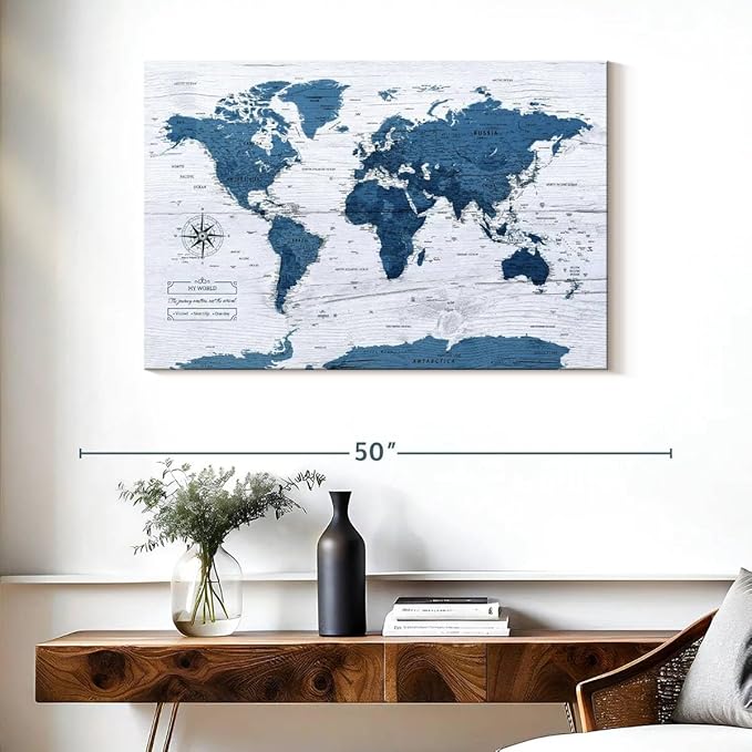 ElephantStock - My World Push Pin Map IV Wall Art - Horizontal Canvas Wall Art - Living Room Wall Decor - Unique Map Canvas Art - Blue And Decor - 39" x 26"