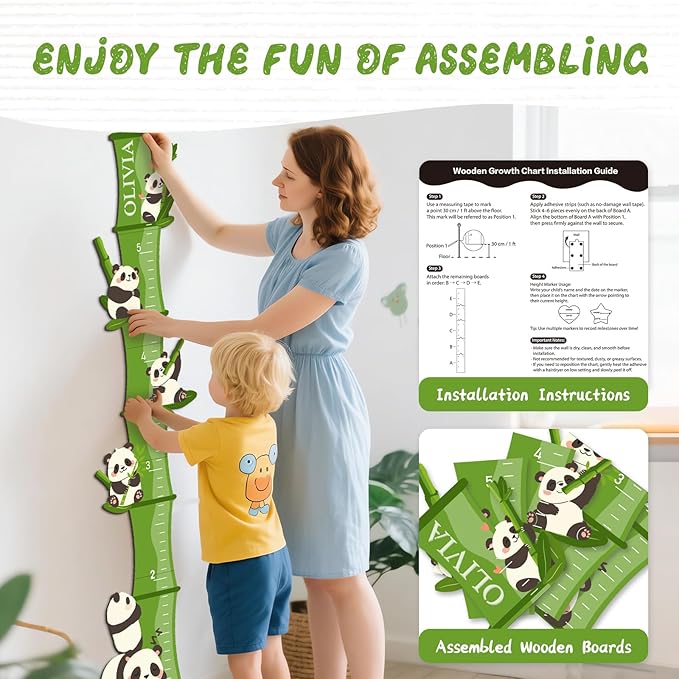 Personalized Bamboo Panda Wooden Height Chart for Kids – Custom Name Growth Chart for Baby Boy Girl, Height Measurement Ruler for Nursery or Playroom Decor