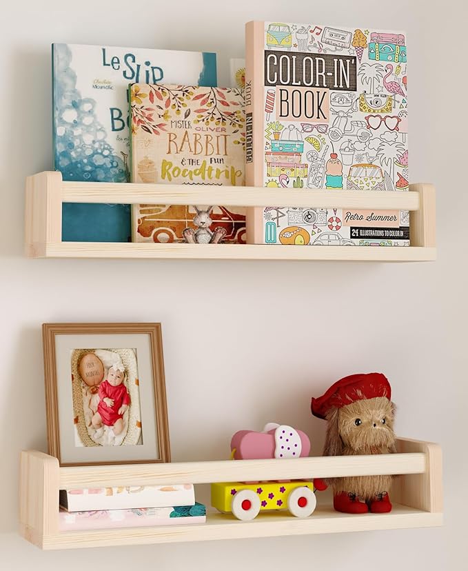 Heimlove Nursery Floating Shelves, Solid Wood Nursery Book Shelves for Wall, 16 inch Bookshelf for Kids, Mounted Shelves for Books,Toys and Decor Storage, Set of 2
