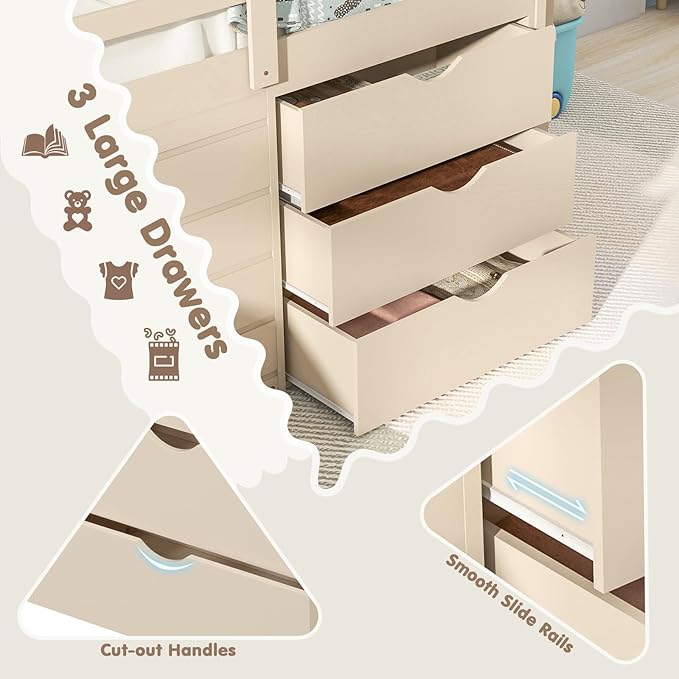 KOMFOTT Twin Low Loft Bed with 3 Storage Drawers & Underneath House, Wood Loft Bed with Slide, Ladder, Guardrails & Under-Bed Play Space, Kids Twin Loft Bed for Girls & Boys, No Box Spring Needed