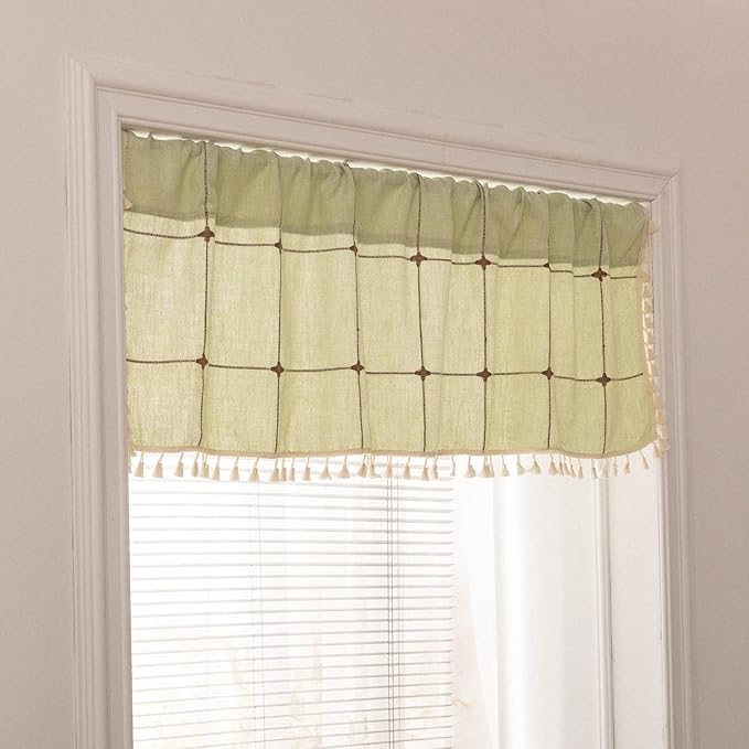 Deeprove Mint Green Boho Curtain Valance 18 Inches Length Bohemian Lattice Gingham Textured Embroidery Plaids, Vintage Chic Tassels Casual Easter Decor Drapes Rod Pocket, 1 Panel W52 x L18