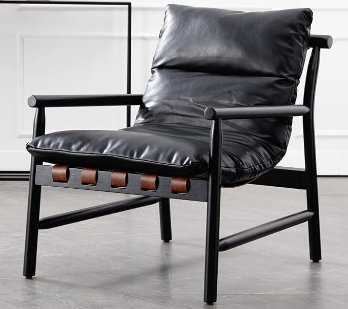 Faux Leather Accent Chair Mid Century Modern Living Room Chairs Comfy Arm Chair with Solid Wood Frame Upholstered Lounge Reading Chair Cozy Recliner for Bedroom/Guest Room, Black