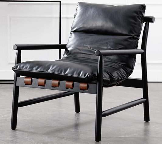 Faux Leather Accent Chair Mid Century Modern Living Room Chairs Comfy Arm Chair with Solid Wood Frame Upholstered Lounge Reading Chair Cozy Recliner for Bedroom/Guest Room, Black