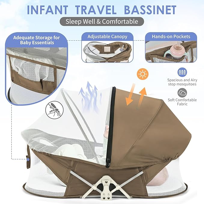 Portable Baby Bassinet for Baby Travel, Baby Cribs Travel Pod for Outdoors Baby Lounger Infant Travel Bed with Mosquito Net and Sunshade Canopy, Lightweight Washable (Brown)