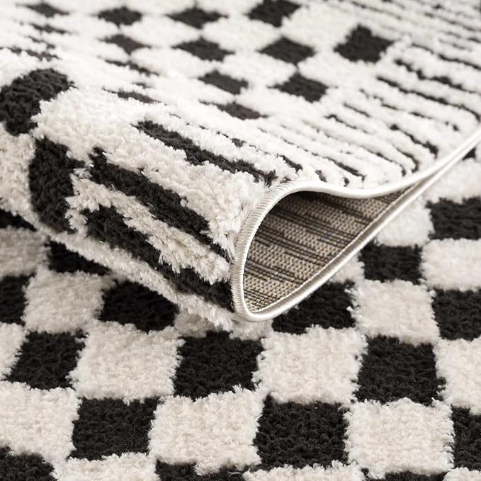 Hauteloom Leryn Contemporary Checkered Area Rug - Modern Geometric Bordered Carpet for Living Room, Bedroom - Checkboard Design - Square Tiles - High Pile - Black and White - 7'10" x 10' (8x10)