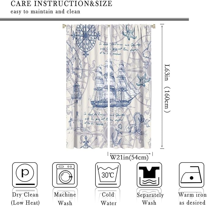 Nautical Sailboat Map Curtain,Ship Compass Lighthouse Anchor Decorative Curtain Polyester Fabric Waterproof Bedroom Curtain Set 2 Panels,42x63 Inches