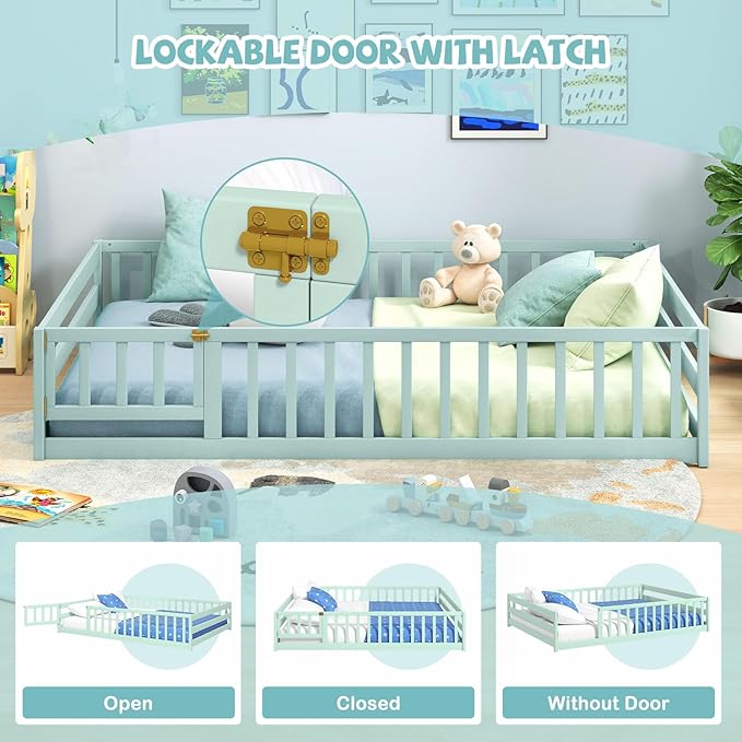 Giantex Full Floor Bed with Door & Fence, Kids Wood Montessori Beds with Safety Guardrails, Floor Bed Twin for Kids, Boys, Girls, No Box Spring Needed, Mint Sky