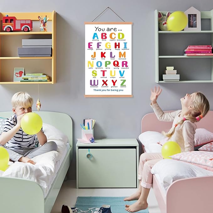 KAIRNE Colorful ABC Alphabet Art Print with Wood Magnetic Poster Hanger Frame, 35X56CM You are Amazing Positive Affirmation Words Canvas Wall Art for Home School Classroom Room Decor