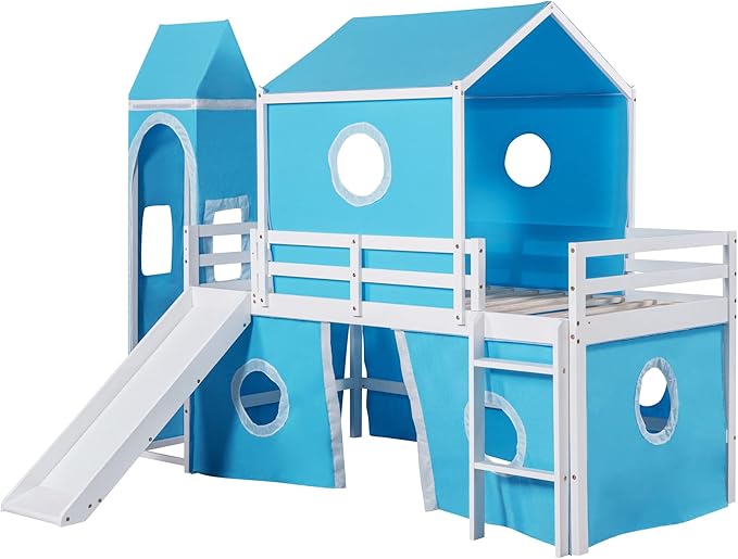 Playhouse Design Twin Size Low Loft Bed with Slide & Tent and Tower, Solid Wood Tent Bed Frame for Kids Boys Girls, Versatile Spacious Under Bed Space with Curtains(Blue-TW)