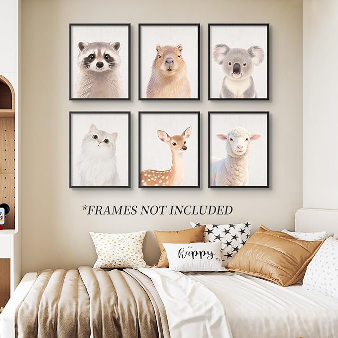 Baby Safari Nursery Wall Decor - Picture Cute Animal Wall Prints on Canvas, Under 20 Dollars Gifts for Baby Boys & Girls Room, UNFRAMED Wall Art Set of 6-12" x 16"