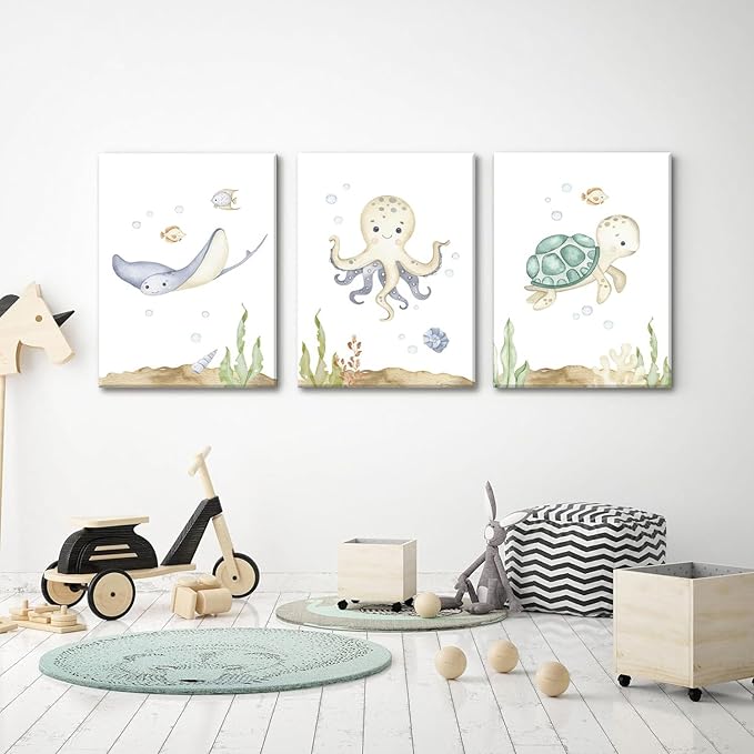 Wodkwq Ocean Nursery Decor, Set of 3, 12x16in Framed Canvas Prints, Under The Sea, Boys Room Sea Animal Wall Art, Nursery Wall Decor