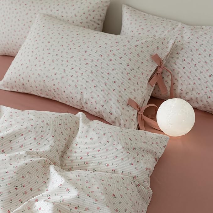 HighBuy Pink Flora Duvet Cover Full Girl Botanical White Flower Coquette Bedding Set Vintage Style Garden Floral Duvet Cover Full with 2 Bowknot Bow Tie Pillowcases Soft Cotton Comforter Cover
