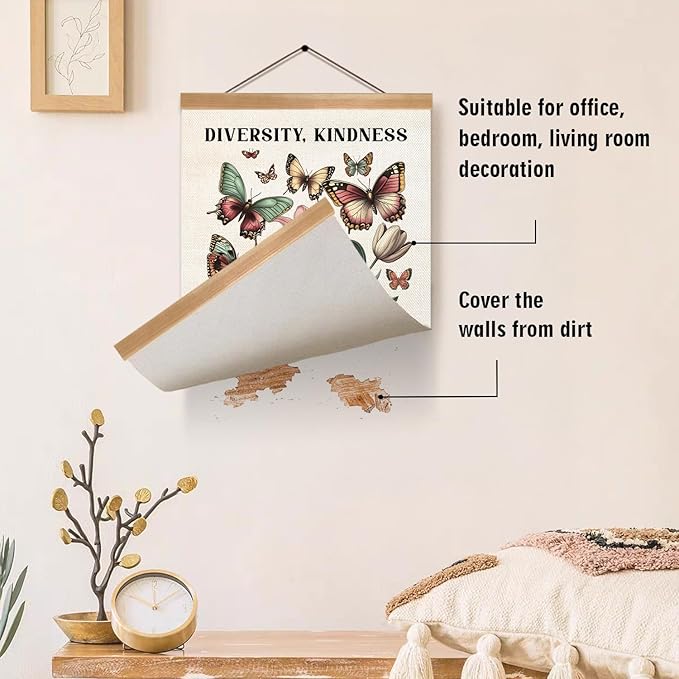 ZTGDA Diversity and Kindness Wall Art,Equality and Love Inspirational Hanging Poster with Butterflies and Flowers, Linen Canvas Print for Office, Classroom, or Home Decor 12x16In (Colour-Diversity)
