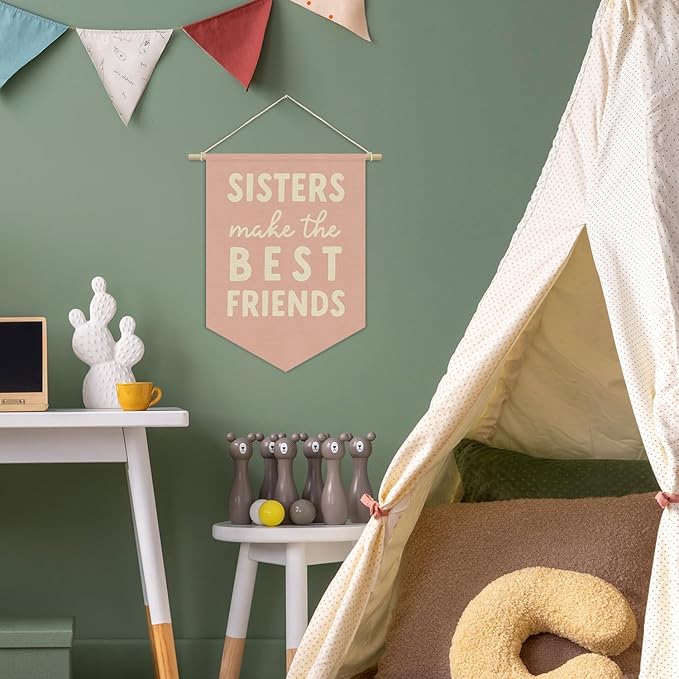 Girls Room Decor, Sisters Make the Best Friends Linen Canvas Banner, Pink Preppy Girly Wall Hanging Pennant Flag Banner for Girls Nursery Kids Toddler Room Bedroom Dorm Decor, 15x11in