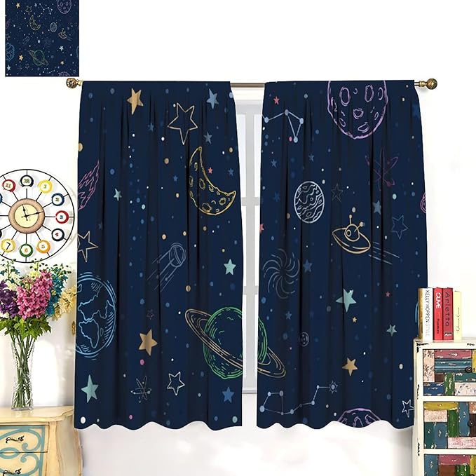 Navy Blue Space Curtains, Cartoon Outer Space Stars Planets Theme Galaxy Curtains for Kids Teens Bedroom Nursery Toddlers Room 63" W X 72" L
