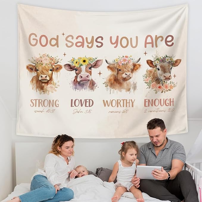 LIANGW Boho Highland Cow Christian Tapestry Wall Hanging for Nursery Decor, Inspirational Classroom Tapestries Aesthetic Boho Kids Room Decor for Bedroom Living Room Dorm, 50x60 inche