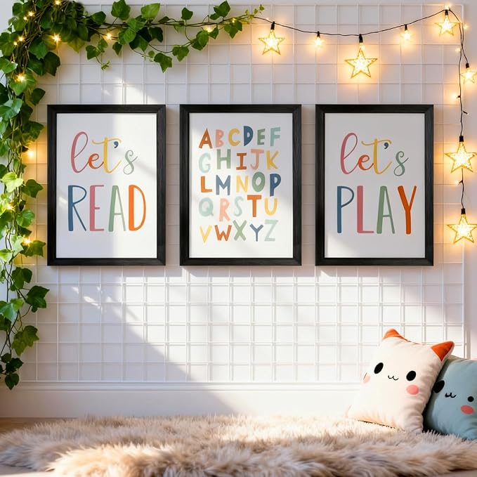3 PCS Alphabet Framed Playroom Wall Decor,Classroom Must Haves Boho Educational ABC Poster Wooden Sign for Baby Girl Kid Boy Toddlers,Neutral Preschool English Letters Nursery Decor for Homeschool Kindergarten Kids Learning Black