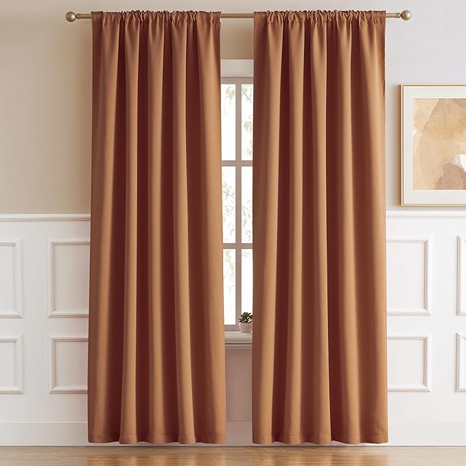 DUALIFE Caramel Curtains 2 Panels Set, Room Darkening Mid Century Cognac Modern Decor Back Tab Pocket Pleated Boho Curtains for Bedroom Home Office Brown Orange 52 by 84 Inch Length